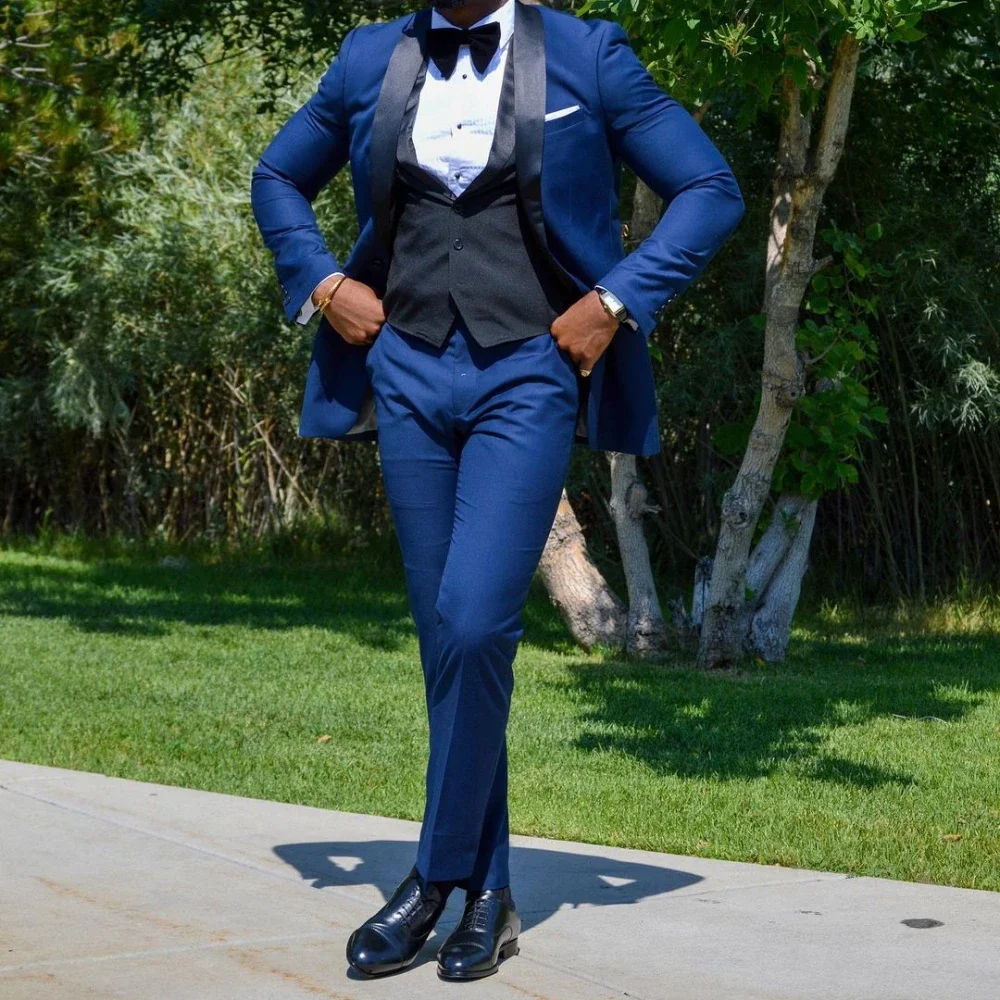 Slim Fit Blazer Men - Jas Biru Celana Rompi Hitam Setelan