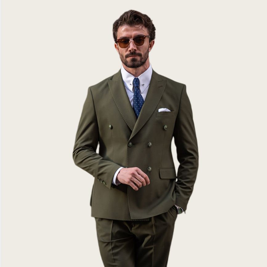 Slim Fit Blazer Men - Jas Pria Hijau Zaitun Double Breasted