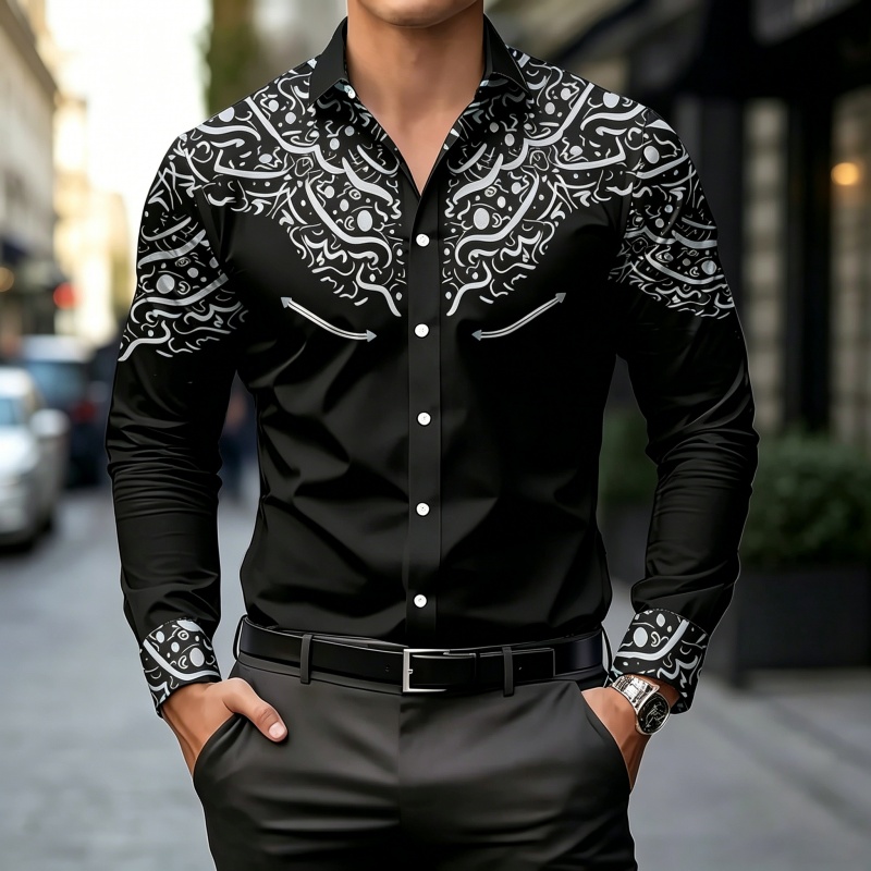 Kemeja Cetak Kontras Hitam Put - Mens Fashion Summer ulasan dan harga